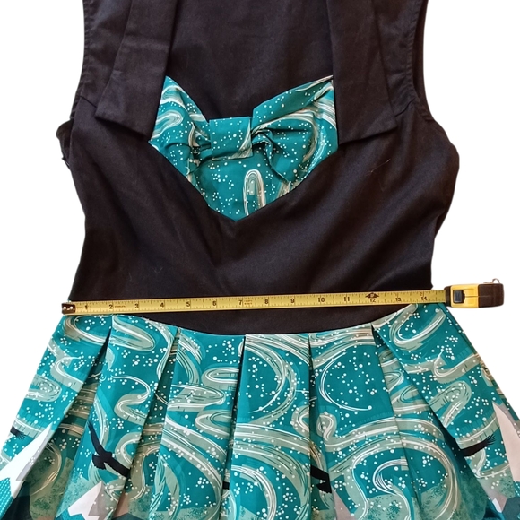 Pleated Cotton Sleeveless Midi Dress, Black & Teal Arctic Scene Print, Sz S/M 6 - Picture 6 of 7